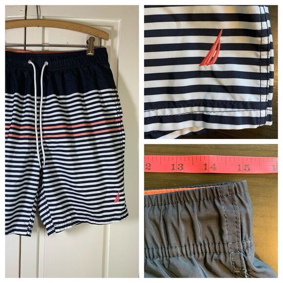 Nautica Swim Trunks Adult Men's Medium Blue White Pink Striped Bathing Suit Prep - Picture 1 of 14